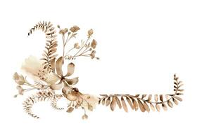 Frame of maroon flowers, fern branch in watercolor. Abstract plants in brown color on watercolor splash isolated. Dry wild flowers, leaves hand drawn in sienna. Design of package, save the date vector