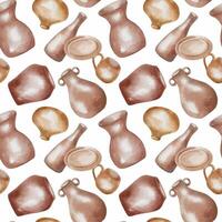 Various handmade pots in natural tones watercolor seamless pattern isolated. Clay dishes different shape and size hand drawn ornament. Print with vase and pot for design textile, package, paper. vector