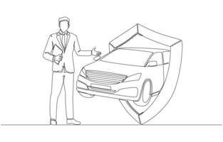 Continuous one line drawing of insurance salesman presenting shield with car inside, offering car insurance concept, single line art vector