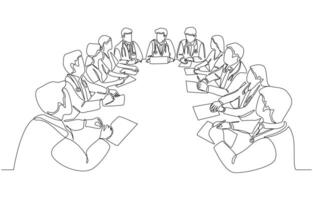 Continuous one line drawing of group of doctors discussing patient cases in conference room, medical professionals meeting concept, single line art vector