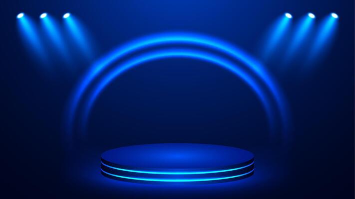Blue stage with spotlights shining. Futuristic background with neon podium. design