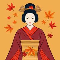 Autumn Geisha with Maple Leaves vector
