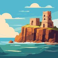 Ancient ruins perched on a crumbling seaside cliff vector