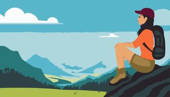 Adventurer resting on a rock with a scenic valley view vector