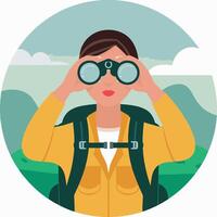 Backpacker using binoculars to scan the horizon vector