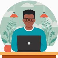 Developer coding on a laptop in a cafe vector