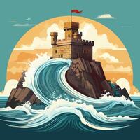 Fierce waves slamming into a rocky fortress vector