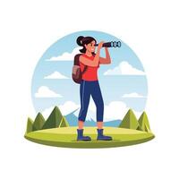 Backpacker using binoculars scan the horizon vector