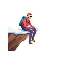 Alpinist resting on a snowy ledge before continuing ascent vector