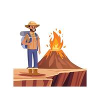 Explorer standing at the edge of a volcanic crater vector
