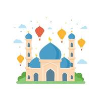 Mosque with flying lanterns vector