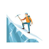 Mountaineer with an ice axe ascending a frozen slope vector