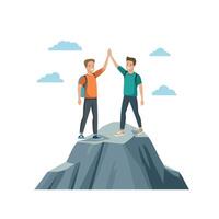 Two friends high-fiving at the summit of a rocky peak vector