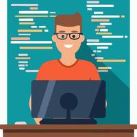 Flat-style illustration of a coder at a desk vector