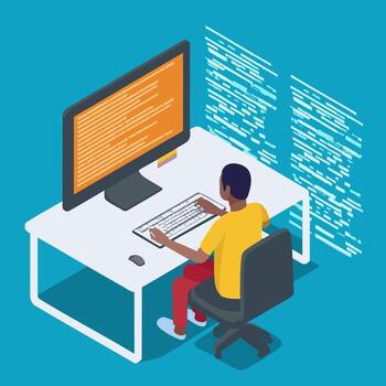 Isometric view of a programmer in a digital workspace vector