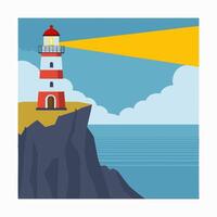 Cartoon lighthouse standing on rocky cliffs vector