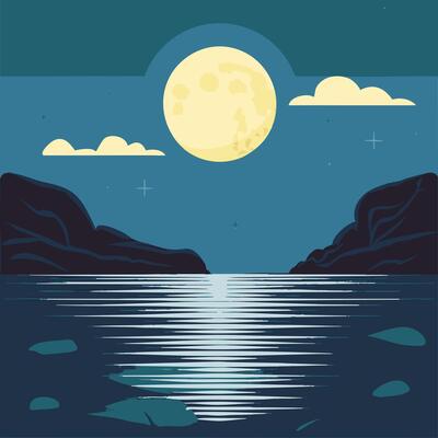 Moonlit waves softly touching the rocky shore