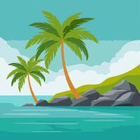 Palm trees leaning over a rocky tropical shore vector