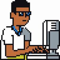 Pixel art programmer typing on a retro computer vector