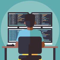 Programmer working at a desktop with multiple monitors vector
