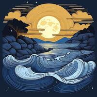 Moonlit waves the rocky shore vector