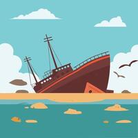 Sunken ship remains scattered on a tidal beach vector