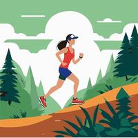 Trail runner navigating a steep forest incline vector