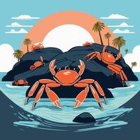 Tiny crabs crawling over tide-swept rocks vector