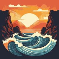Waves crashing against rugged cliffs at sunset vector