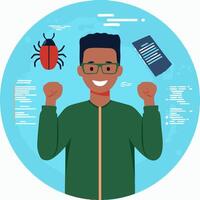 A coder celebrating after fixing a bug vector
