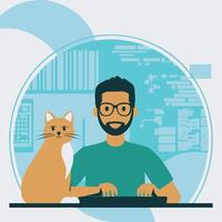 A cat sitting on a keyboard while the programmer works vector