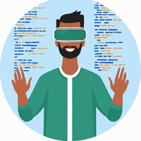 A developer using VR glasses to visualize code vector