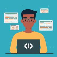 A minimalist concept of a programmer with floating code snippets vector