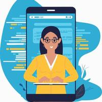 A person coding inside a giant smartphone screen vector
