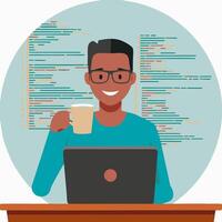 A programmer drinking coffee while debugging code vector