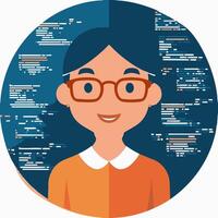 A programmer surrounded by floating lines of code vector