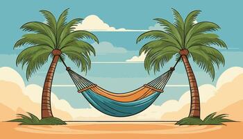 A hammock tied between two palm trees vector