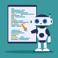 A robot writing code on a giant screen vector