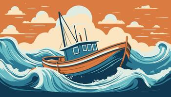 A small boat struggling in rough waters vector