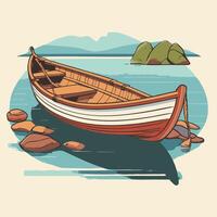 A weathered rowboat resting on a rocky bay vector