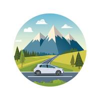 car driving through a mountain pass with scenic views. vector