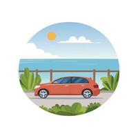 car parked at a lookout point with a view of the ocean. vector