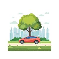 car parked under a tree in a park. vector