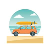 car with a surfboard on the roof heading to the beach. vector