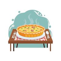 cheese and bacon quiche on a dining table vector