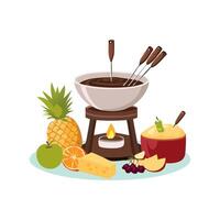 cheese and chocolate fondue with fruit for dipping vector