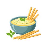 cheese and herb dip in a bowl with breadsticks vector