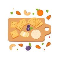 cheese board with crackers, nuts, and fruits vector