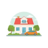 family car parked in front of a house. vector