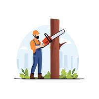 logger cutting down a tall tree with a chainsaw vector